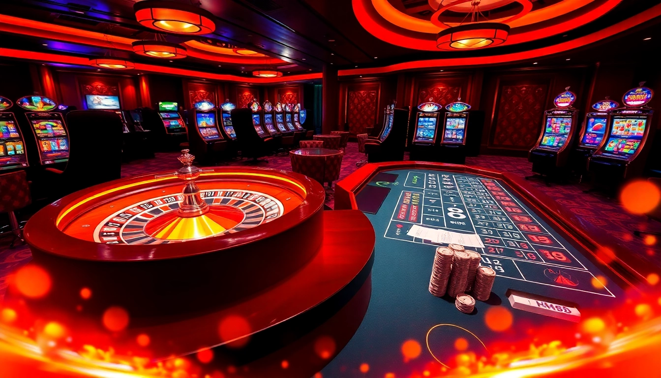 Experience the excitement of gambling at HM88 with a vibrant casino scene featuring roulette, poker, and slot machines.