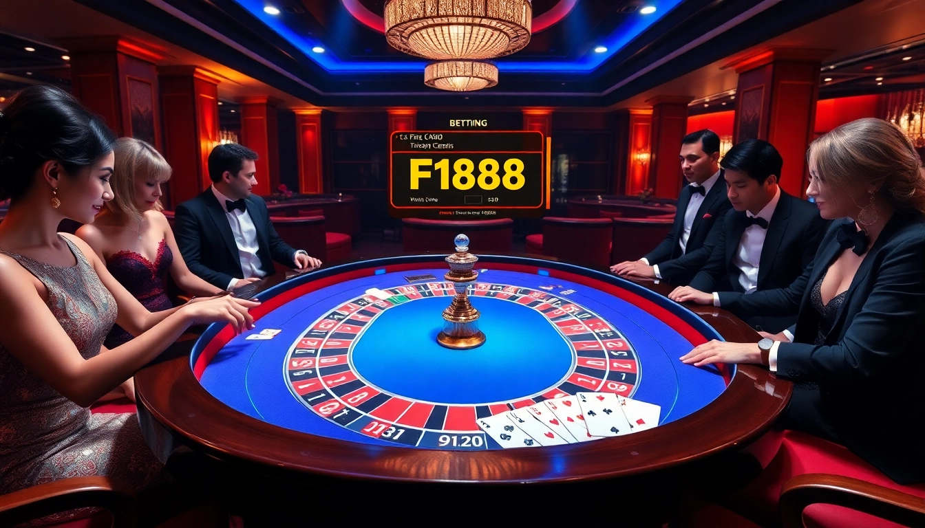 F168 casino players excitingly placing bets at a luxurious roulette table.