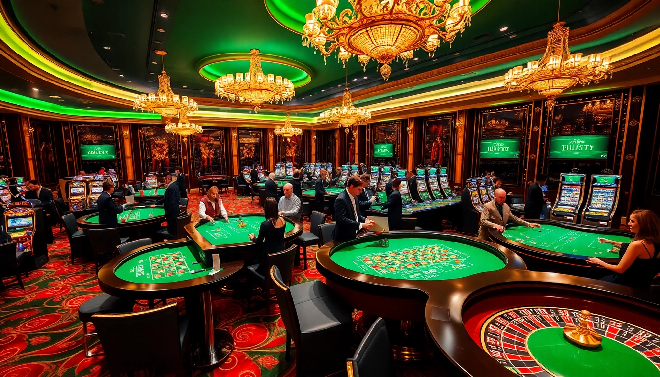 Thrilling casino atmosphere showcasing HM88 with roulette tables, poker chips, and slot machines.