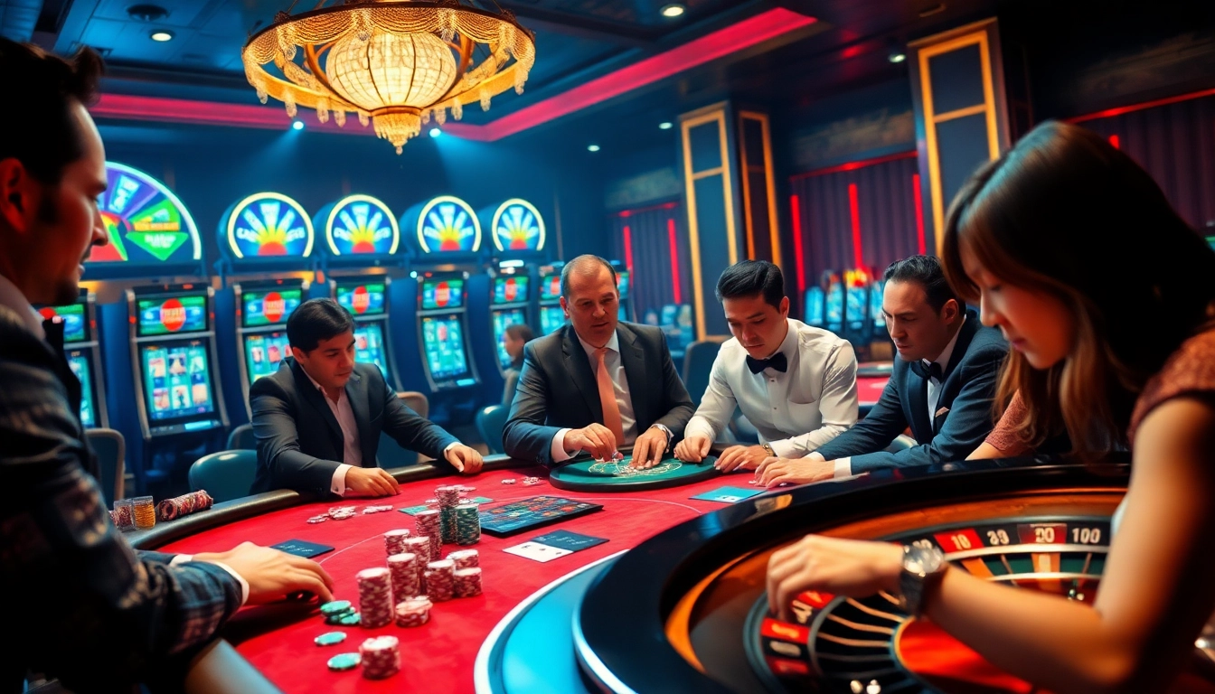 Players enjoying a vibrant casino experience at tr88 com, showcasing excitement and luxury with professional dealers.