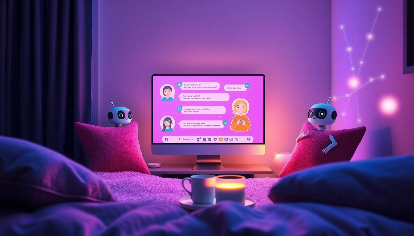 Engaging AI sex chat free in a cozy digital environment with playful AI characters.