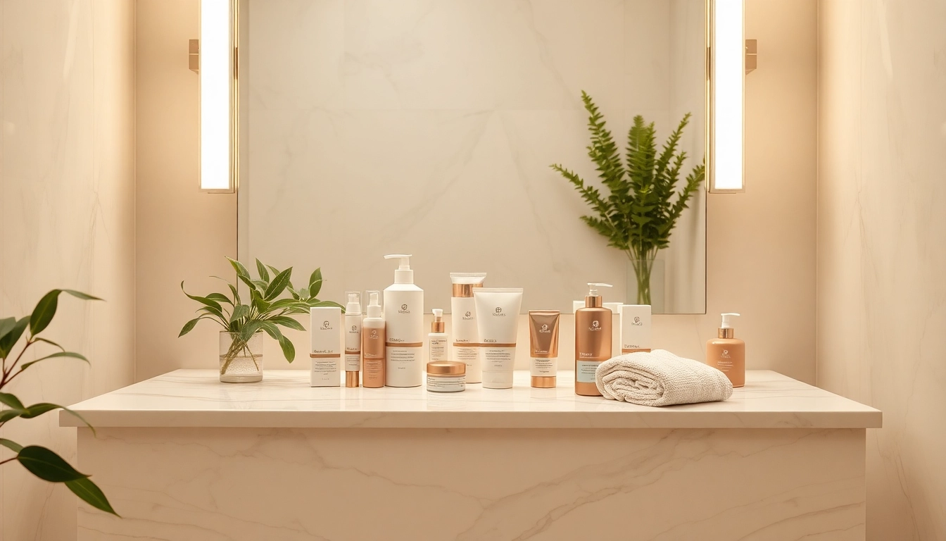 Entdecke hochwertige Produkte für Gesichtspflege online kaufen, stilvoll präsentiert auf einem Marmortisch mit natürlichen Elementen.