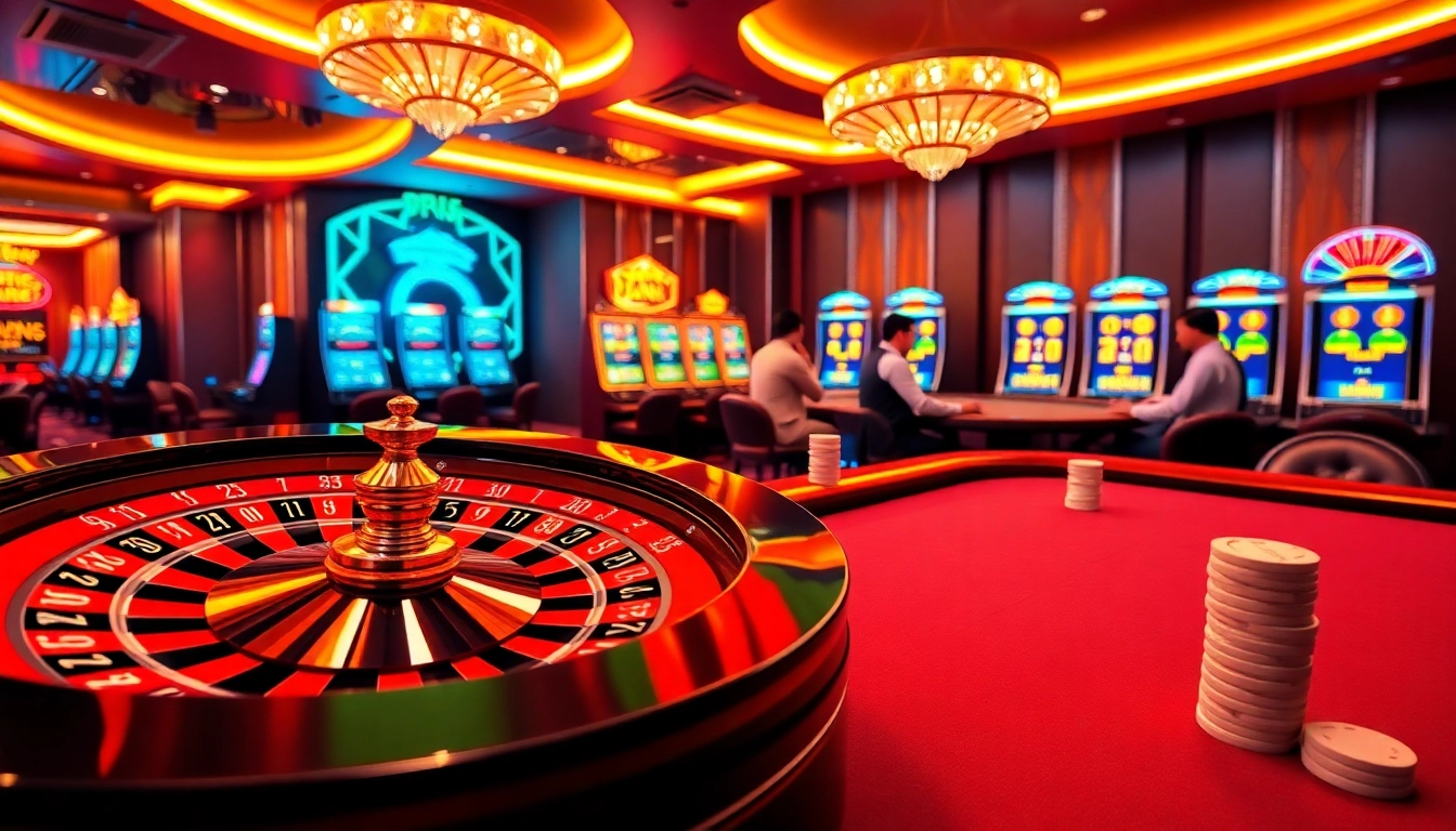 Experience thrilling gameplay at https://tk88t.org/ featuring luxury casino elements like poker tables and slot machines.