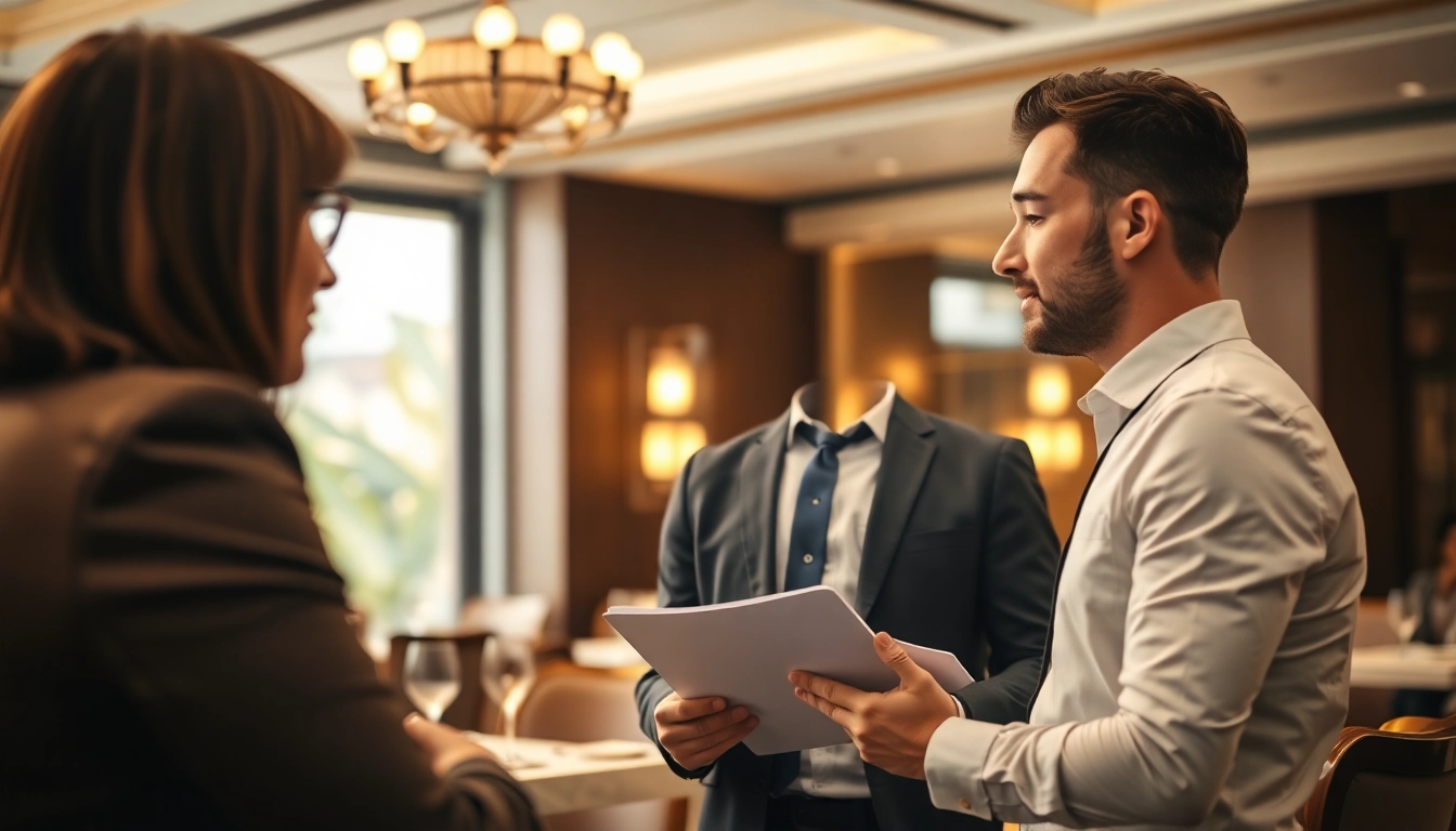 Headhunter Gastronomie spricht mit einem Bewerber in einem eleganten Restaurant.