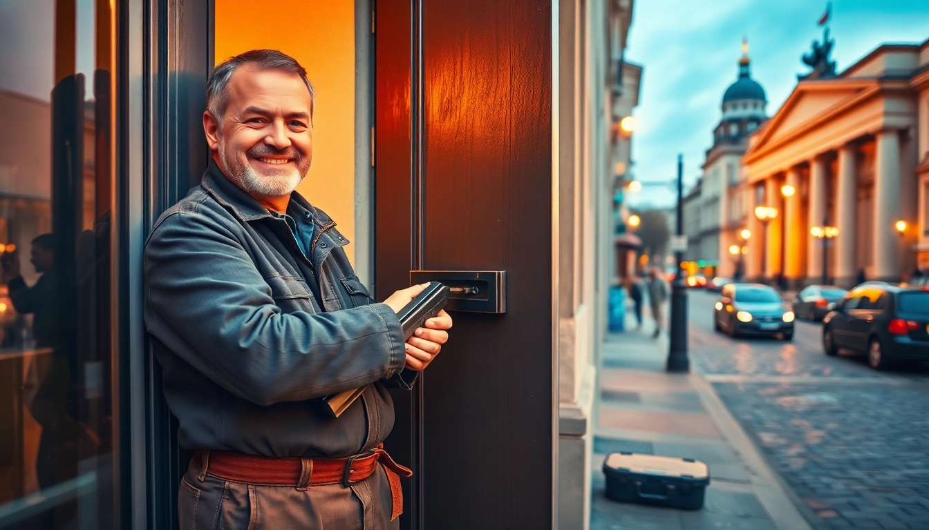 Skilled locksmith performing a door opening for Schlüsselnotdienst Berlin in a vibrant urban setting.