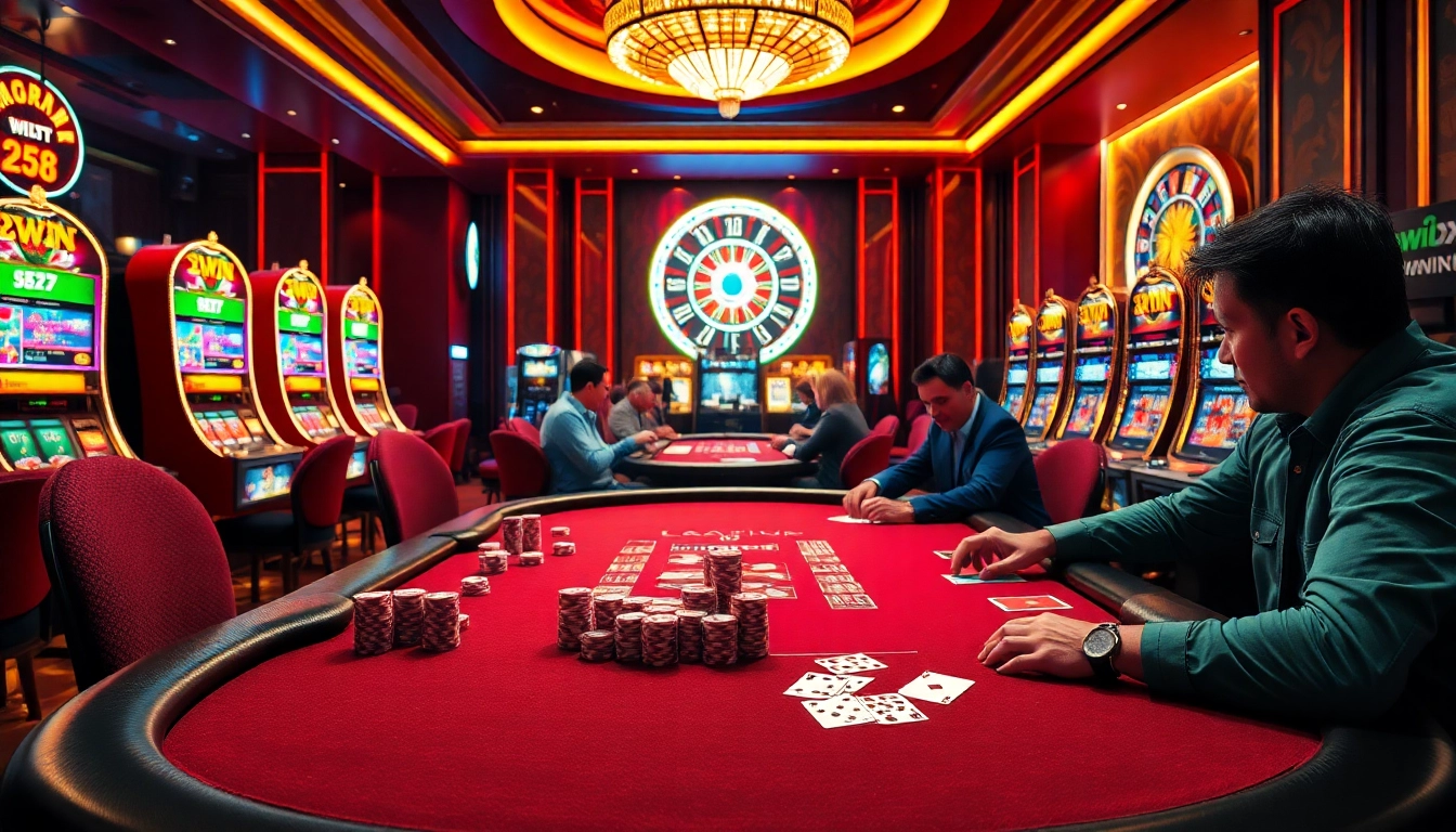 High-stakes poker action at a glamorous casino table featuring 52WIN-themed decor.