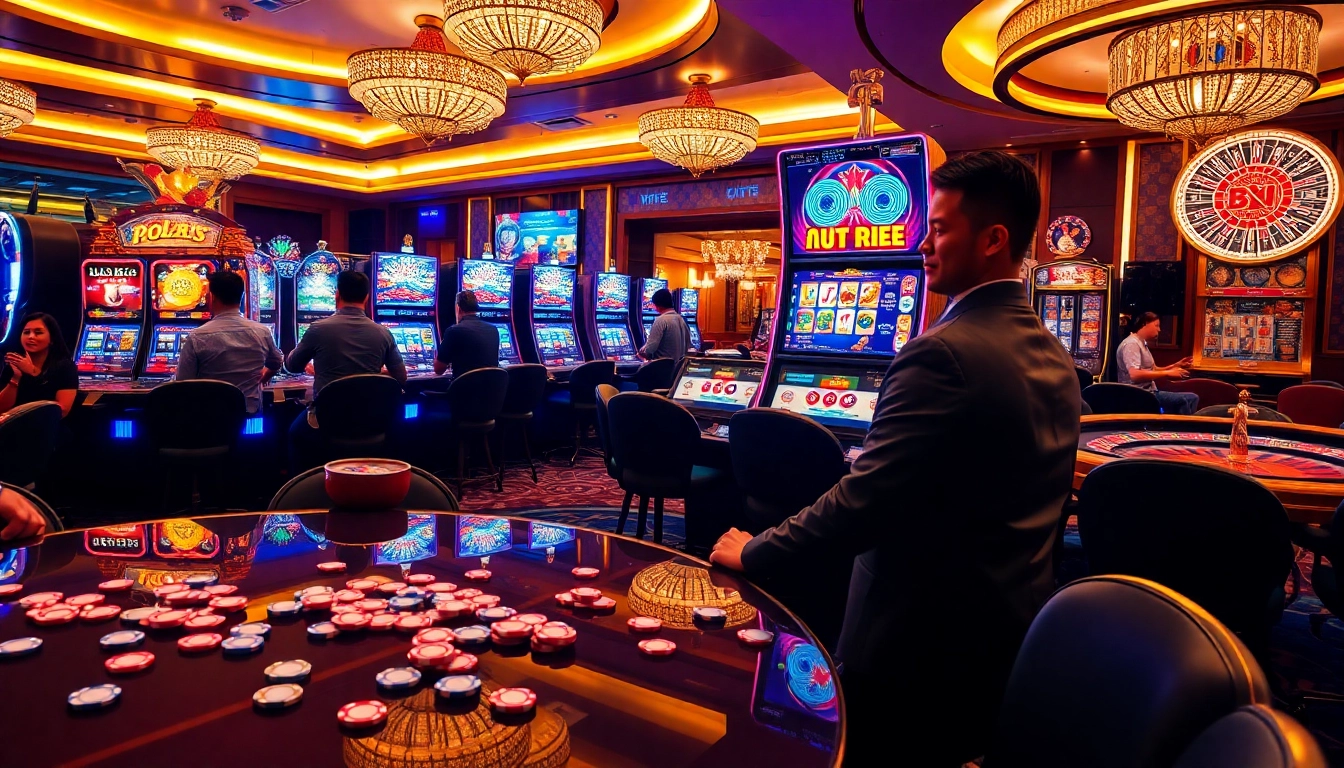 Excited players enjoying the vibrant nổ hũ slot machines in a luxurious casino setting.