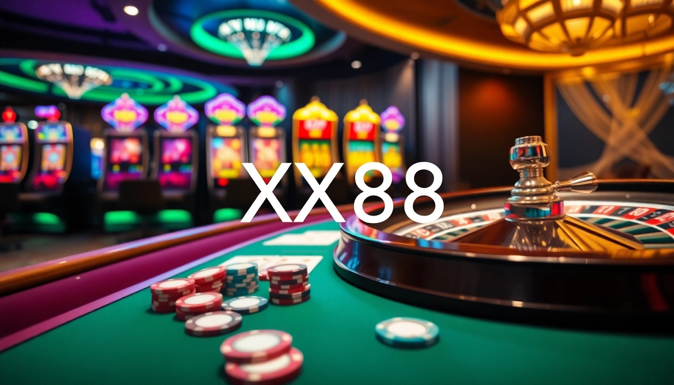 Experience the thrill of gambling with XX88 at a vibrant casino table featuring poker chips and roulette.