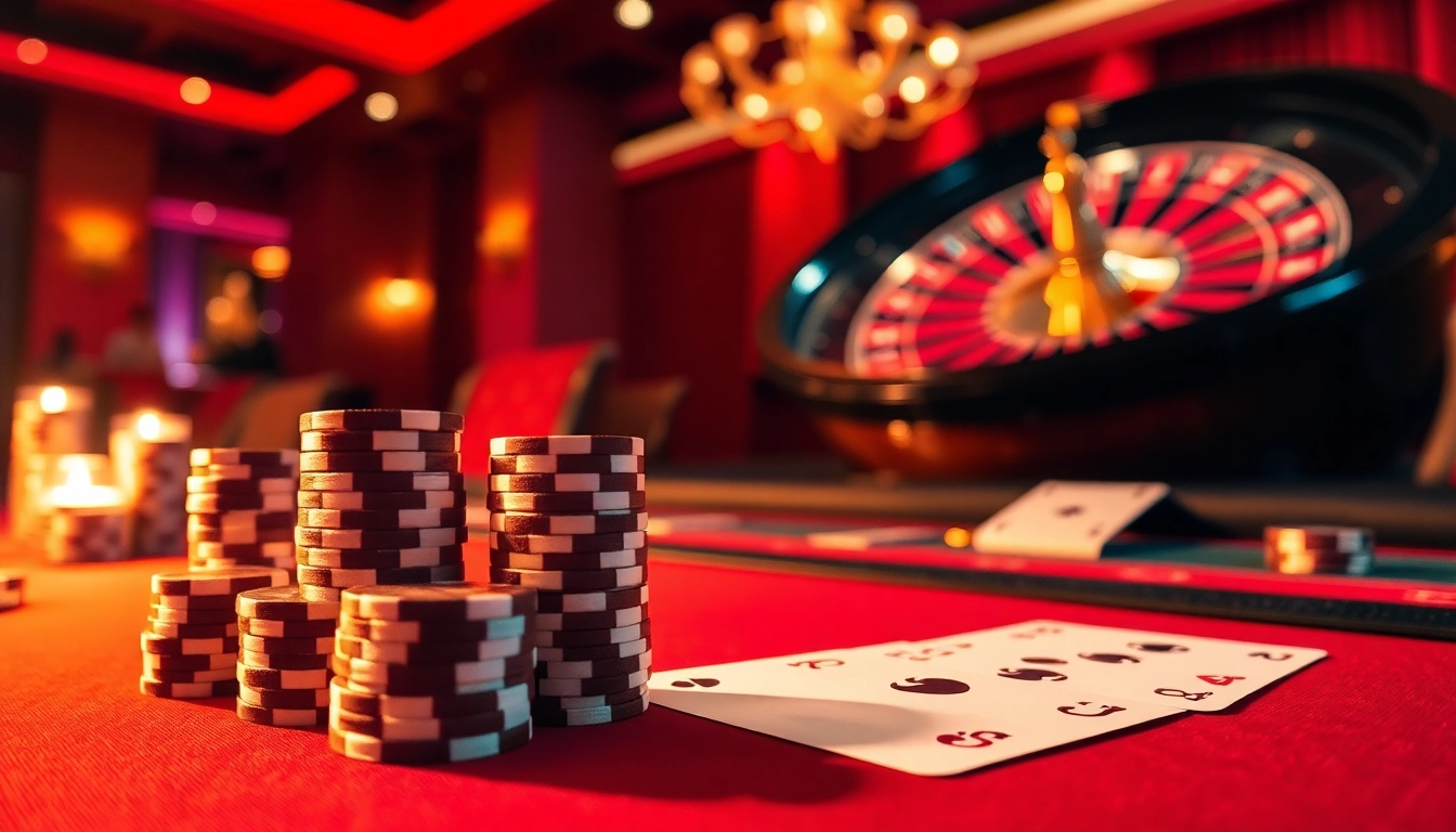 Experience thrilling gambling excitement at https://gk88.city/ with poker chips and cards on a luxurious casino table.