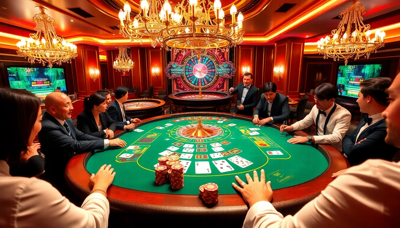 Exciting casino atmosphere with players engaging at a poker table showcasing 88i nhà cái experience.