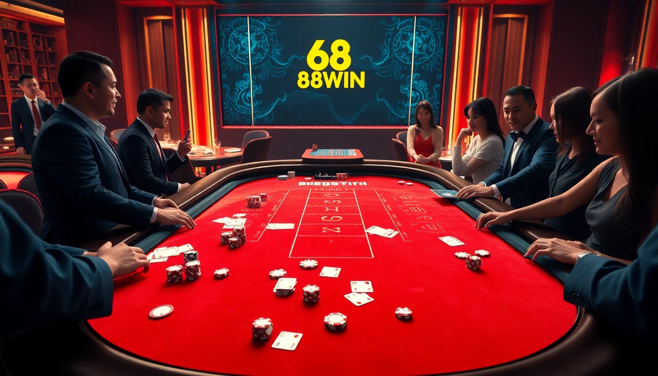 Exciting baccarat gameplay at 68WIN casino, featuring professional dealers and luxurious setting.