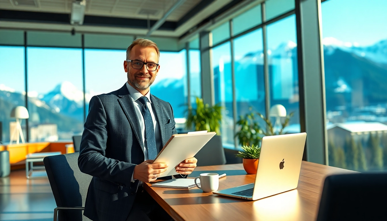 Headhunter Schweiz berät erfolgreich Klienten im modernen Büro mit Alpenblick.