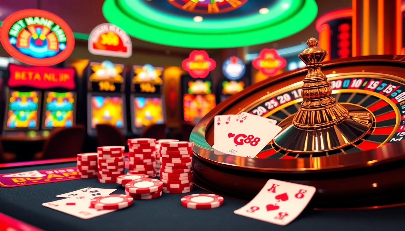 Exciting Go88 casino experience with poker chips and roulette wheel in a luxurious setting.