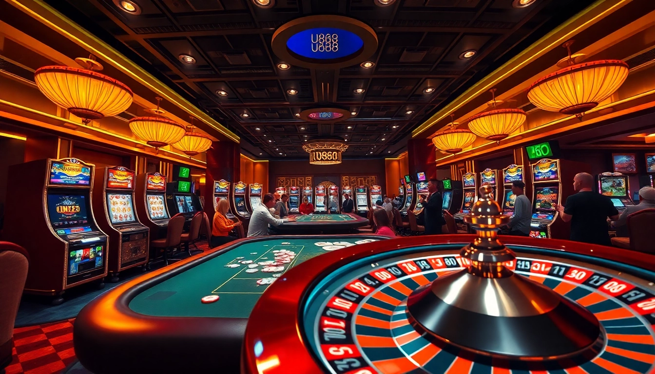 Players enjoying the thrilling atmosphere of U888 casino with poker tables and slot machines.