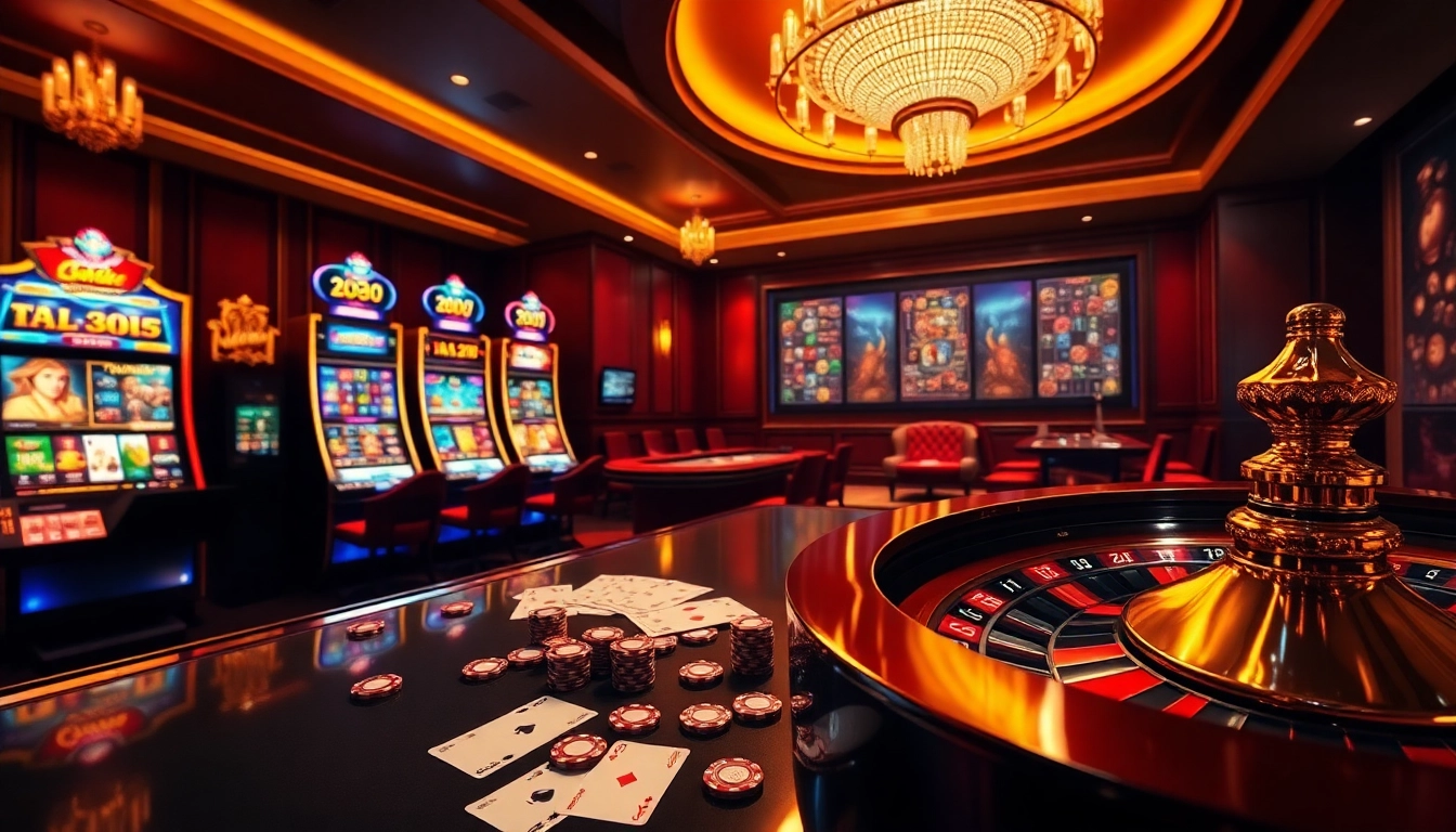 Experience the thrill of 88i game with a vibrant online casino atmosphere showcasing slot machines, card tables, and roulette wheels.