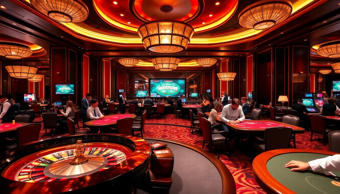 Engaging with tỷ lệ nhà cái at a vibrant casino environment, where players analyze odds at poker and roulette tables.