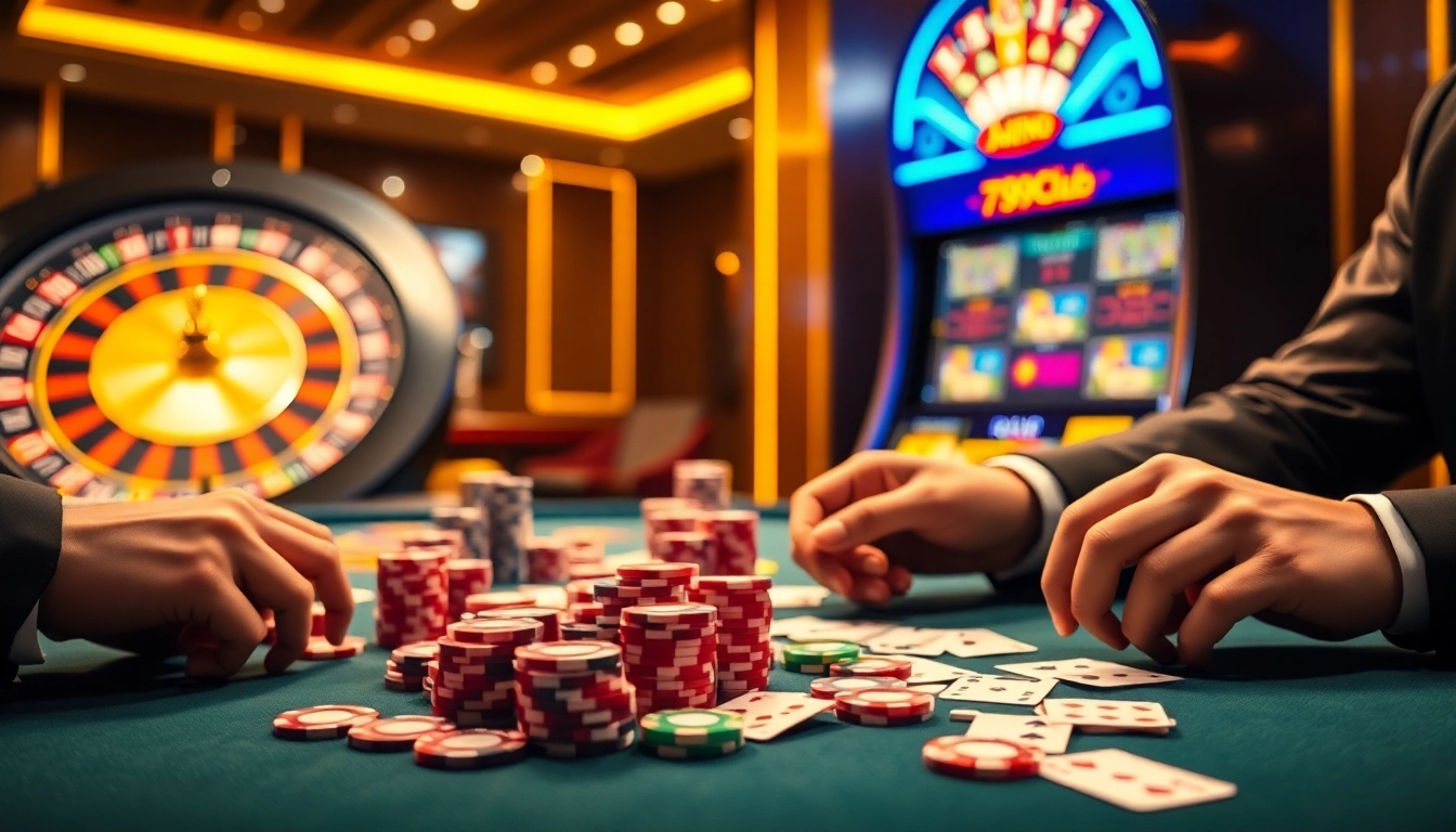Experience the excitement of 789club with vibrant poker chips and a spinning roulette wheel.