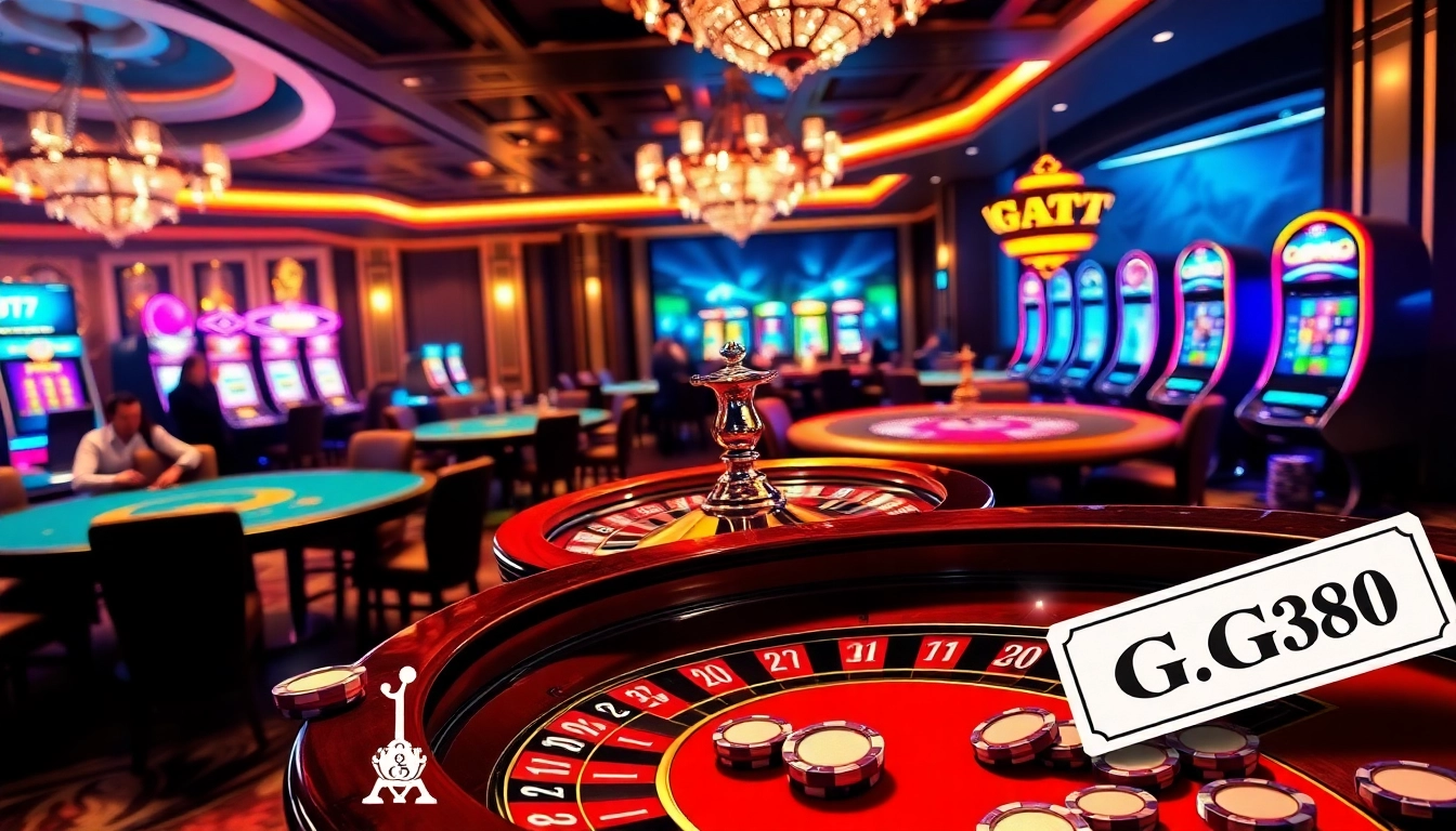 Experience the excitement of GG88 with vibrant tables, roulette wheels, and casino chips.
