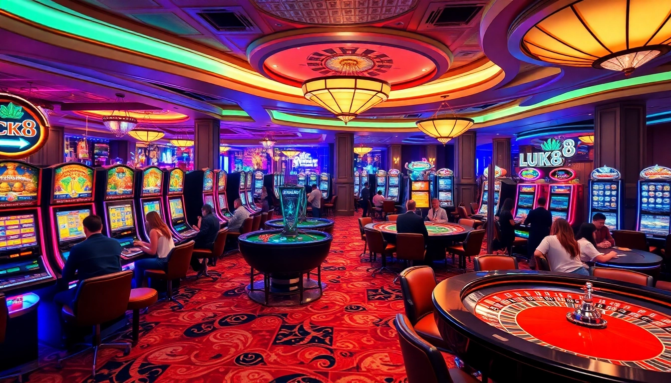 Người chơi tham gia các trò chơi hấp dẫn tại casino LUCK8 với máy đánh bạc sặc sỡ và bàn roulette.