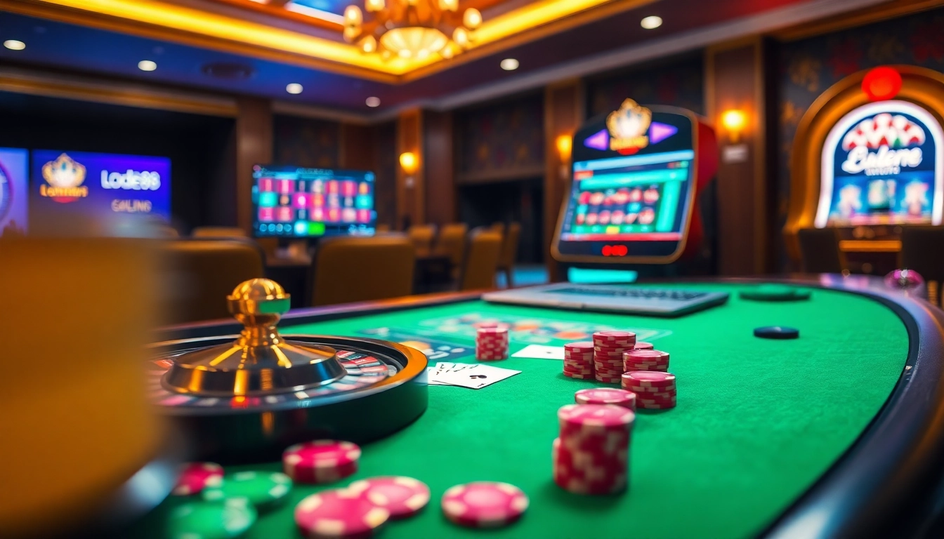 Experience thrilling online gambling at https://lode88uk.com/ with vibrant poker chips and a roulette wheel.