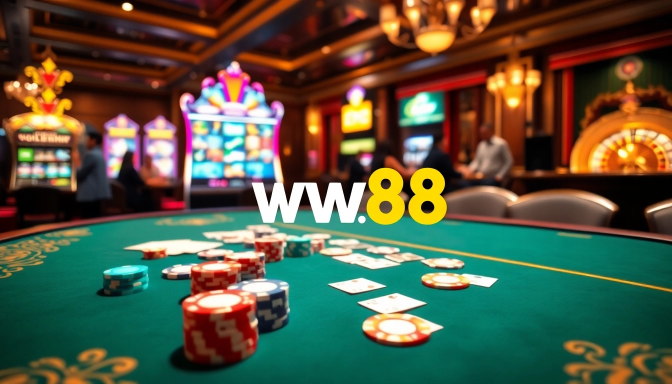 Experience the thrill of gaming at ww88 with an exciting casino scene of poker and slot machines.