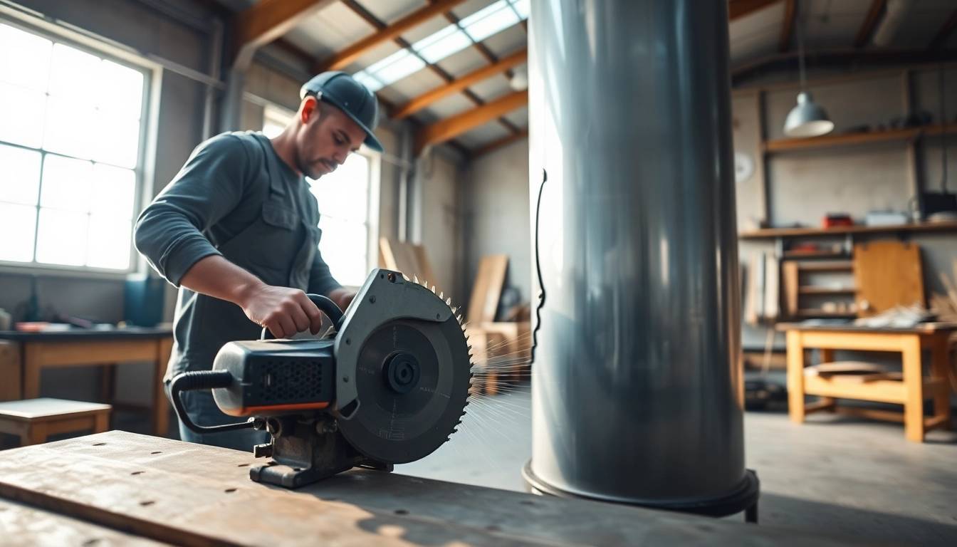 Kellertank zersägen mit einem Handwerker, der eine große Wasser-Behälter schneidet