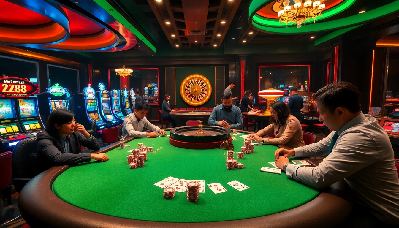 A vibrant casino scene capturing AZ88's luxury poker table with intense gameplay, colorful chips, and illuminated slots.