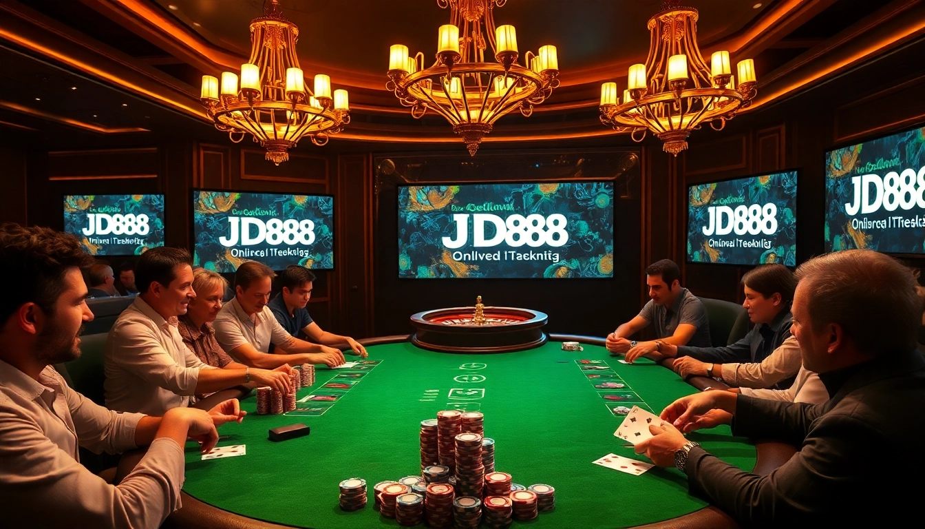 Cảnh poker JD88 đầy hứng khởi, thể hiện không gian casino sang trọng với cược cao.