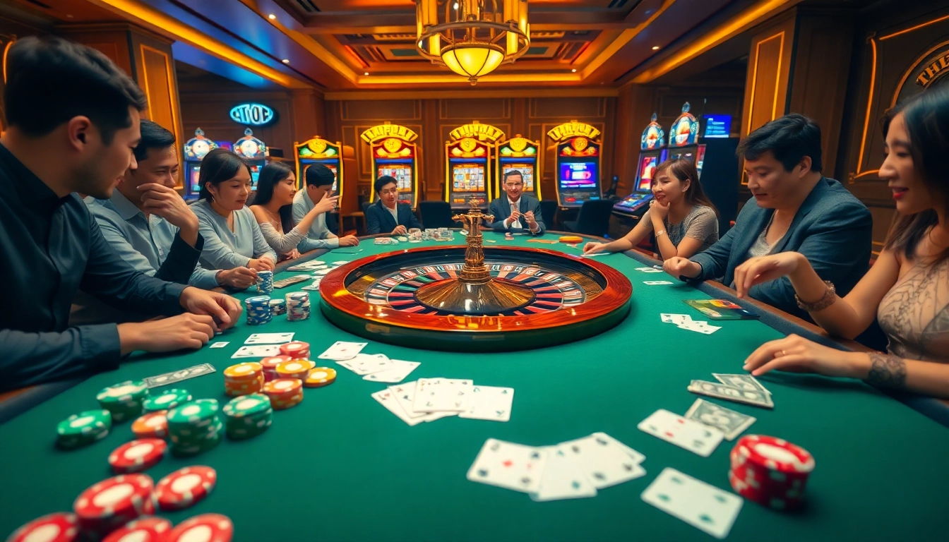 Soi Cầu Lô Kép 247 betting scene with excited gamblers engaging at a vibrant casino table.