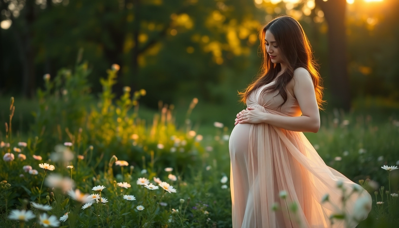 Schwangerschaftsfotografie präsentiert eine leuchtende Mutter im Freien, umgeben von sanften Blumen.