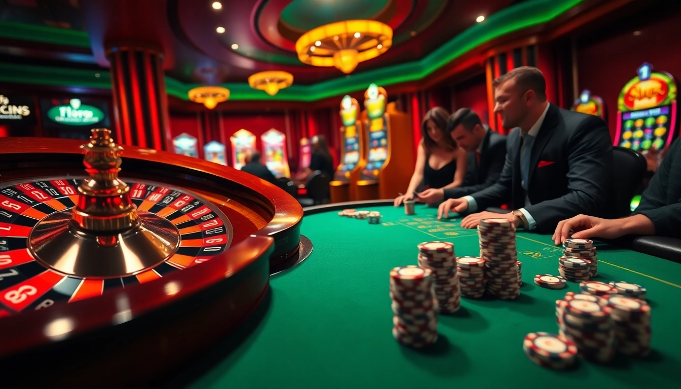 Engaging players at a luxury casino table with b52 chips and vibrant roulette.