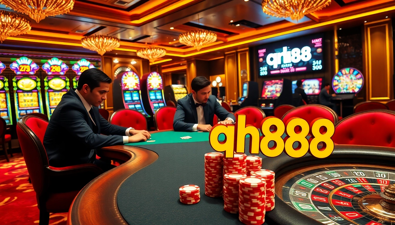 Maximize your winnings at qh88 poker table surrounded by vibrant casino elements.