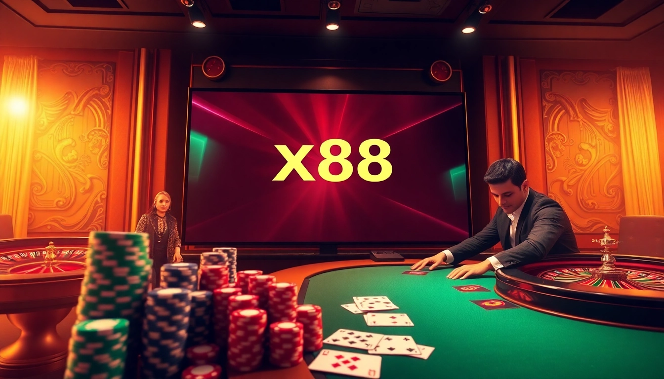 Engage with thrilling casino games at https://x88casino.net/ showcasing vibrant poker chips and roulette wheels.