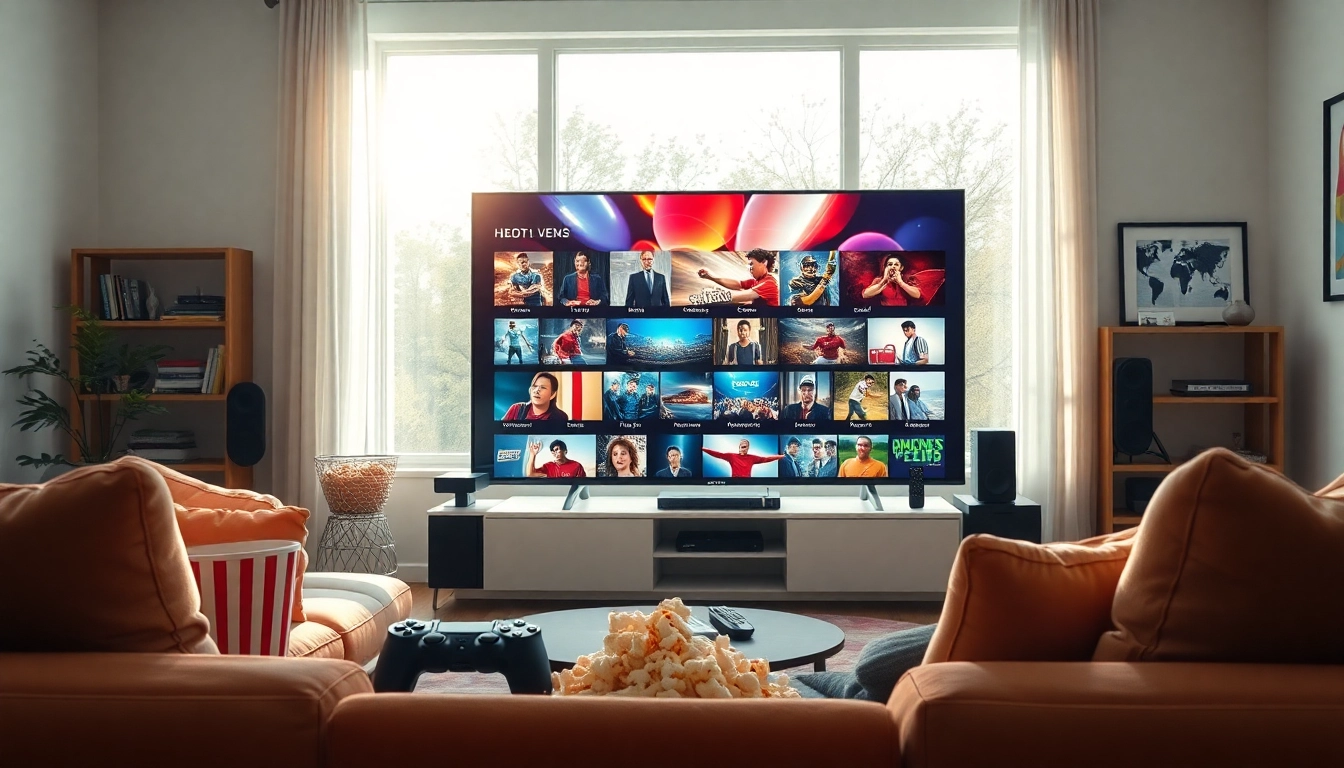 Vibrant living room showcasing Lauthaitv with exciting visuals on a flat-screen TV.