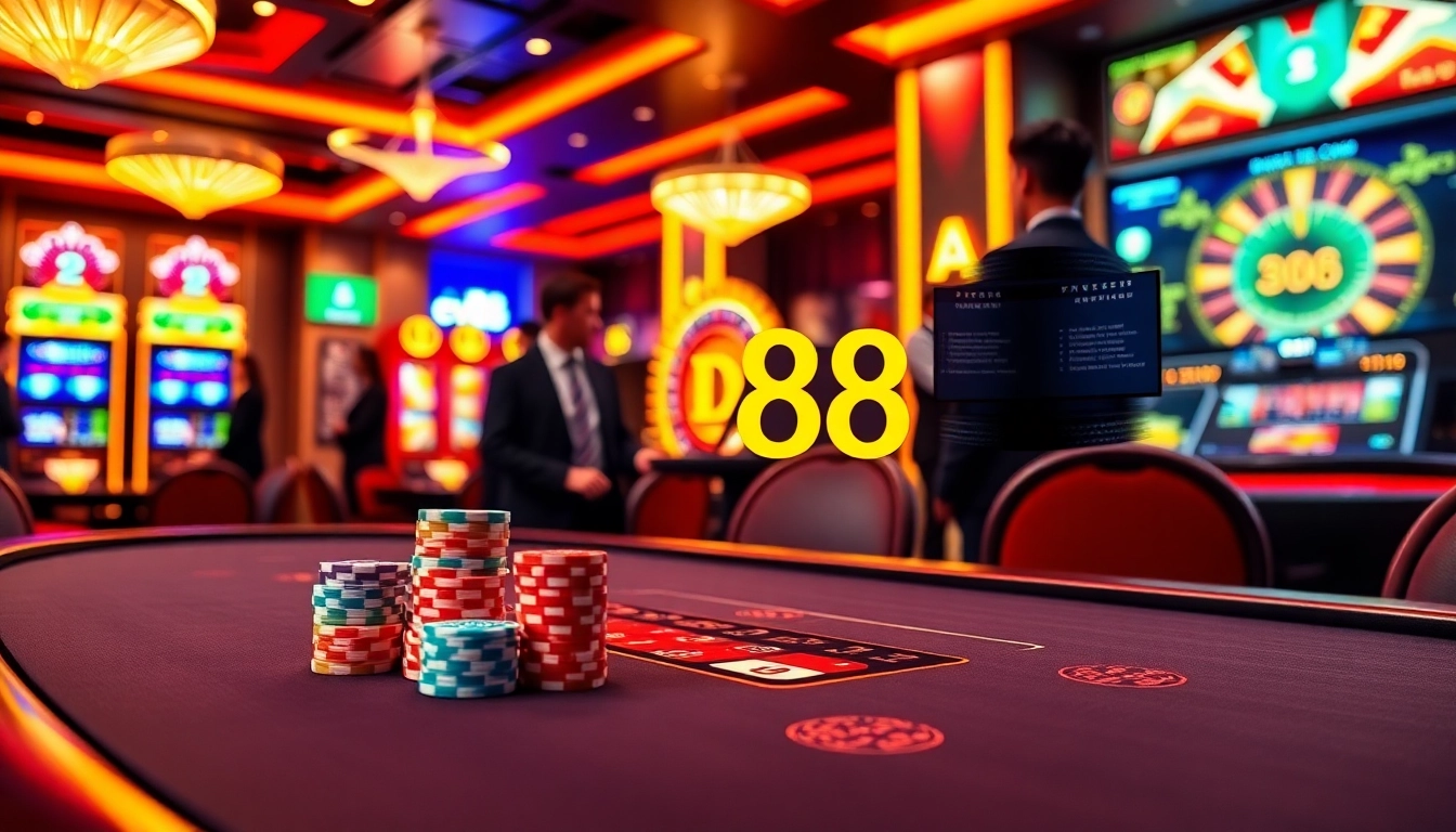 Players at a poker table showcasing ev88 gaming excitement with colorful chips and slot machines.