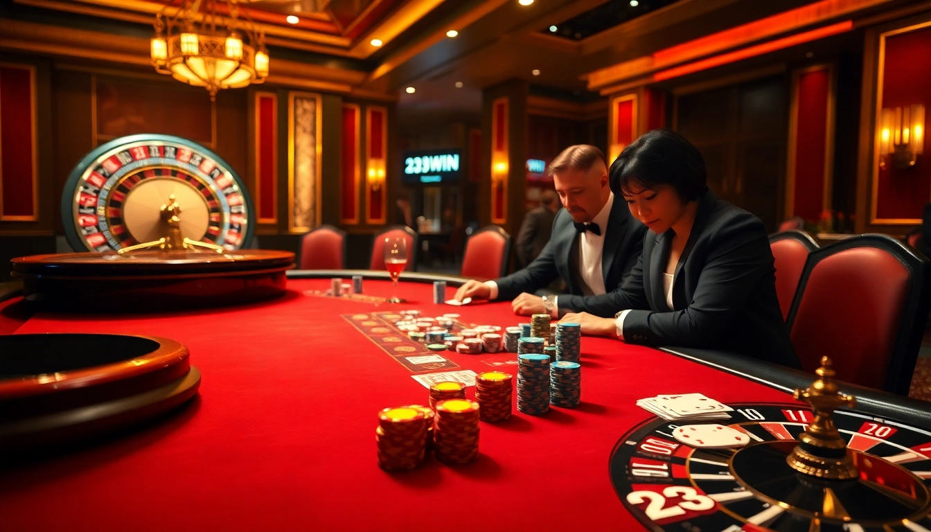 Experience the thrill of gaming at 23WIN with an exciting poker table and roulette wheel.