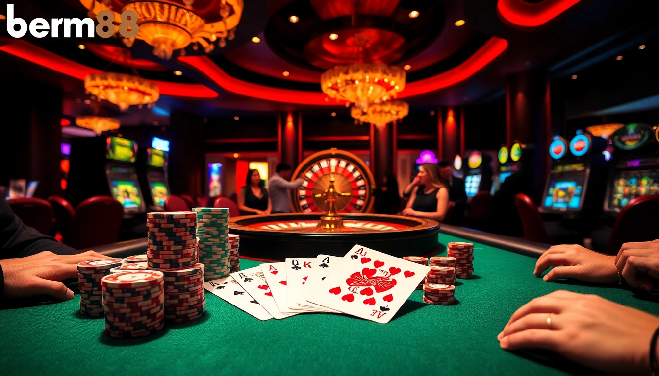 Experience the excitement of bem88 with a lively poker game featuring vibrant chips and cards.