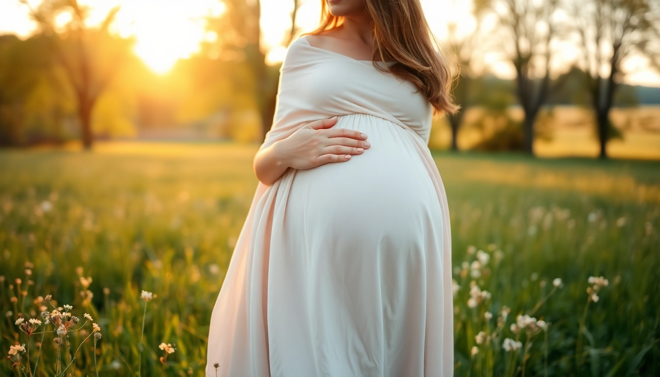 Schwangerschaftsfotografie einer schwangeren Frau in einem blühenden Feld, die liebevoll ihren Babybauch hält.