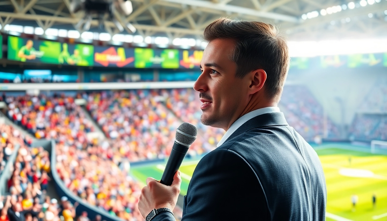 Engaging sports broadcasting with a dynamic stadium backdrop highlighting excitement.