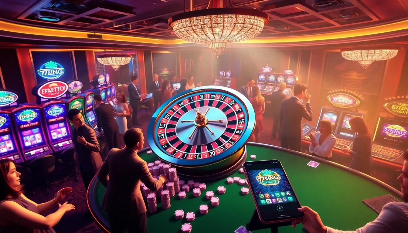 Engaging scene of players enjoying high-stakes gambling at a casino, with 79KING COM logo visible on mobile app interface.