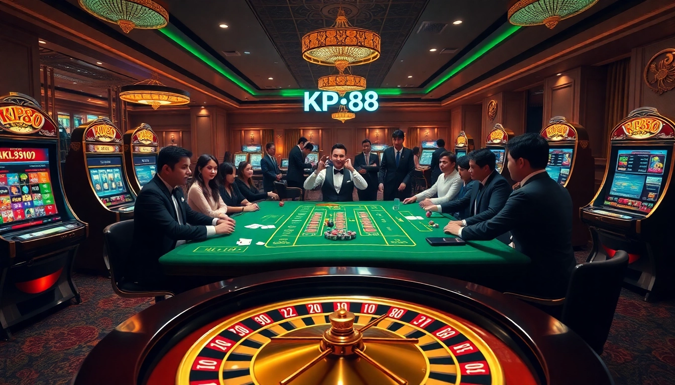 KP88 casino scene featuring players at a table, dealers, and vibrant slot machines.