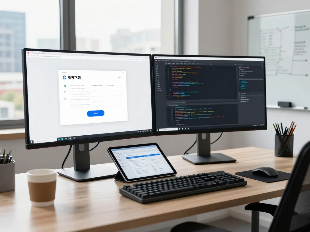 快连下载应用程序在现代科技工作空间的双显示器上展示。