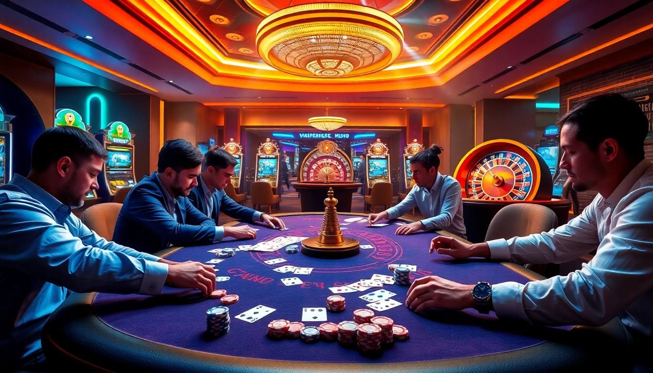 Xocdia88 players strategizing at a vibrant casino table filled with poker chips and cards.
