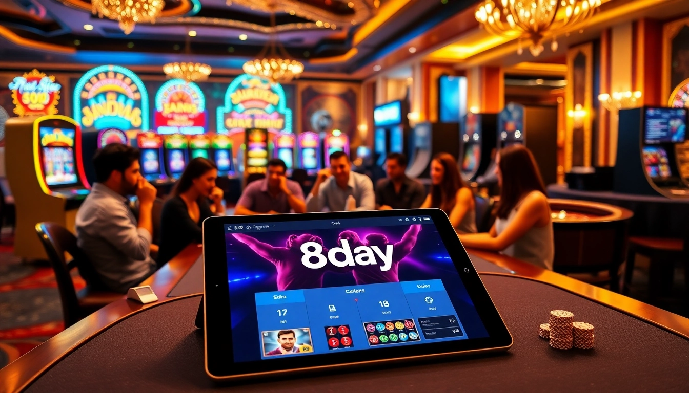 8day casino scene with poker table and vibrant gaming elements for an exciting experience.