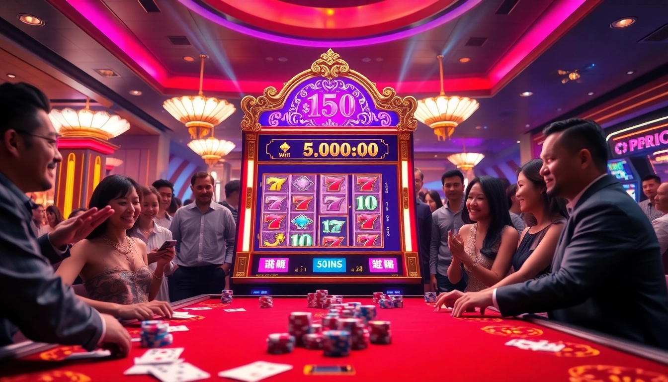 Experience the thrills of nổ hũ at a luxurious casino with colorful slot machines and engaged players.