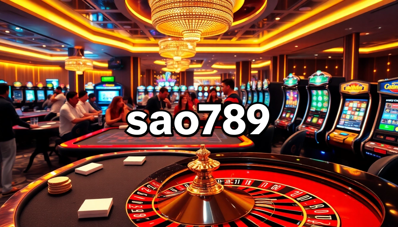Sao789 casino gaming scene featuring colorful slot machines and poker tables in a vibrant online atmosphere.