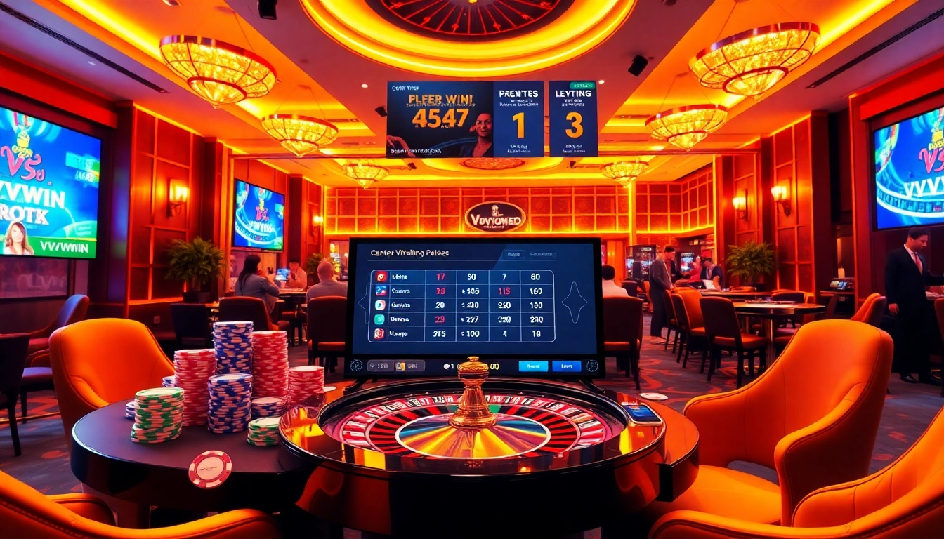 Experience thrilling gaming action at VVVWIN's luxurious casino tables with poker chips and roulette wheels.