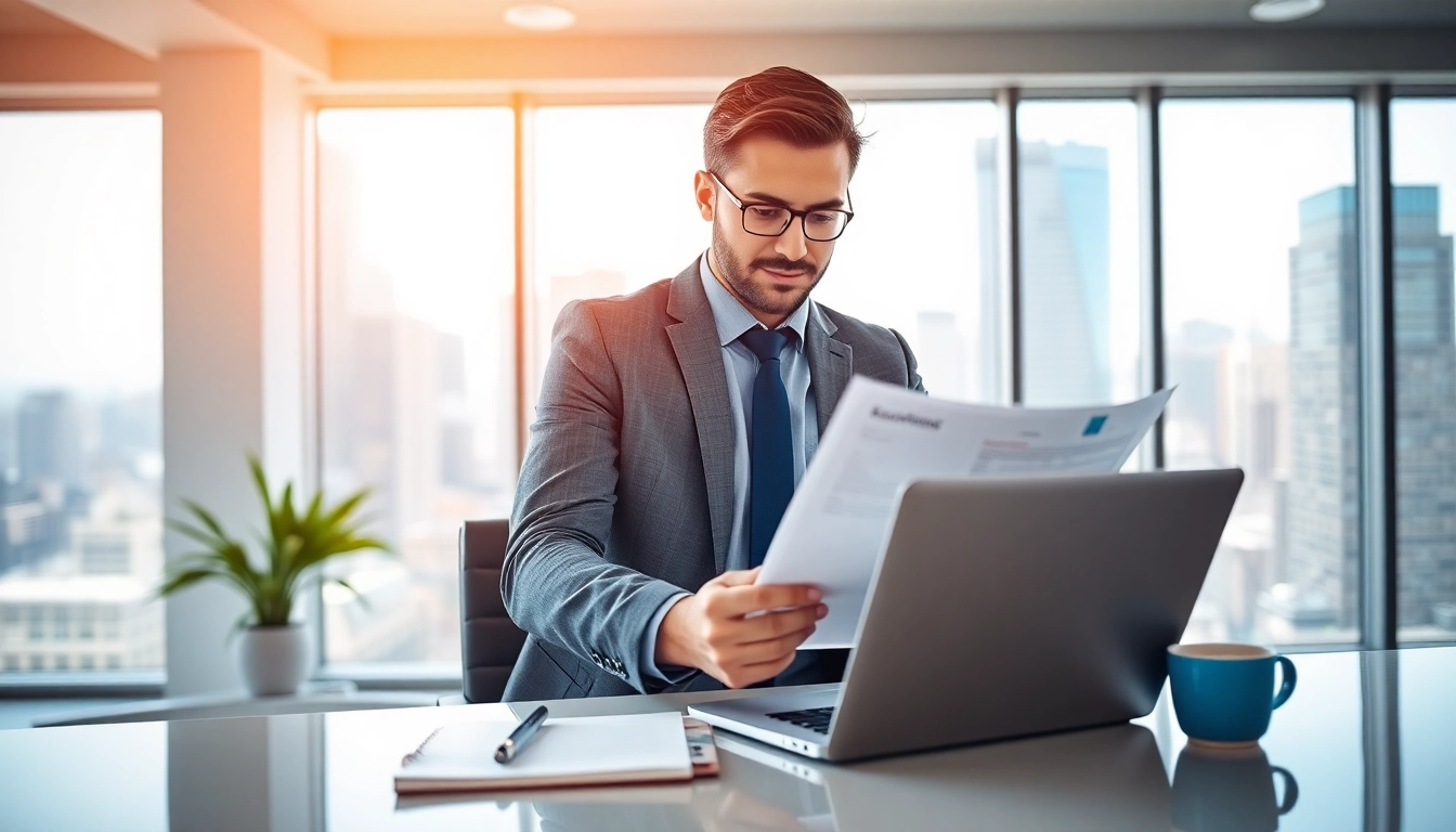Headhunter Ingenieure analysiert Lebensläufe in einem modernen Büro mit Stadtblick.
