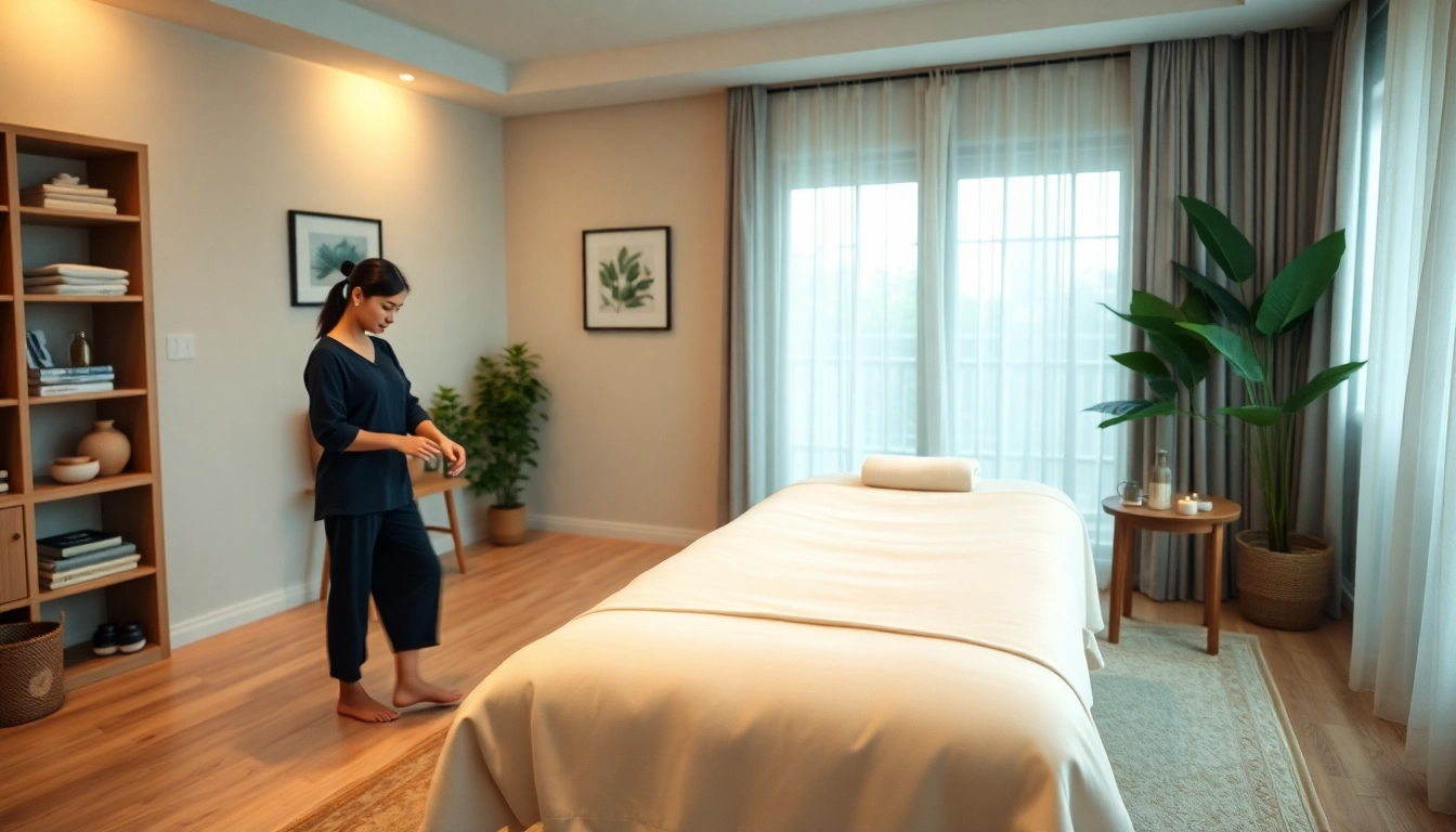 오산출장마사지 세션 준비 중인 치료사가 있는 편안한 가정 마사지 장면