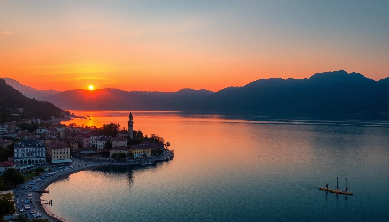 Gardasee-Reisetipps: Spektakulärer Sonnenuntergang über dem Gardasee, Italien, mit lebendigen Farben und charmanten Dörfern.